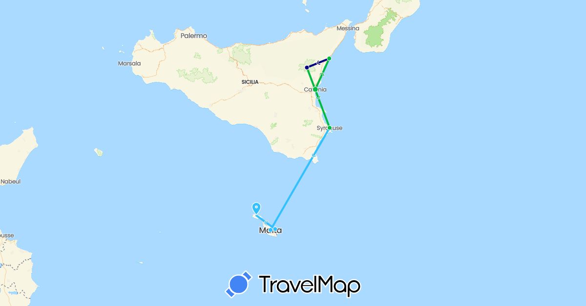 TravelMap itinerary: driving, bus, boat in Italy, Malta (Europe)